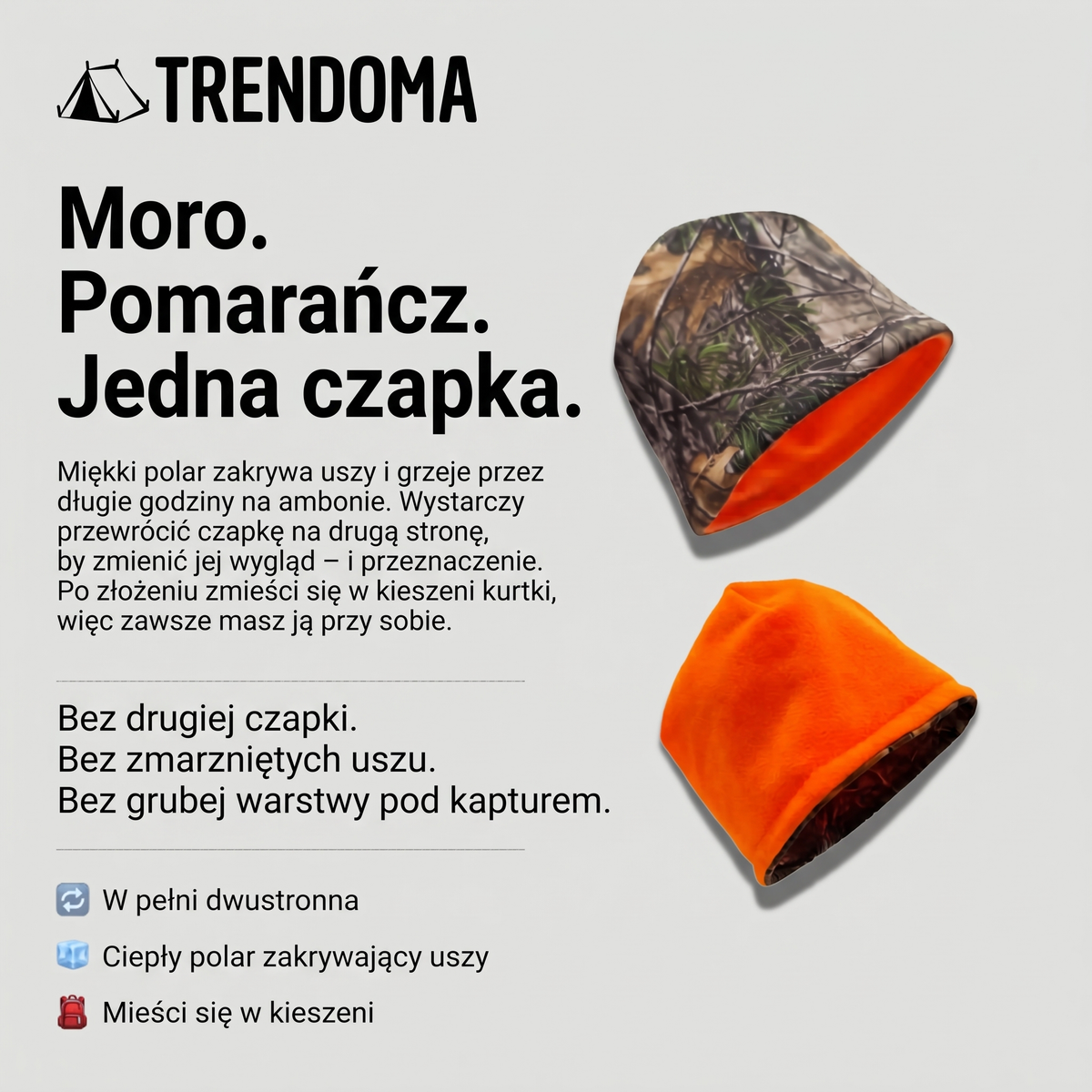 Dwustronna czapka zimowa męska z polaru – moro i pomarańcz, najważniejsze cechy