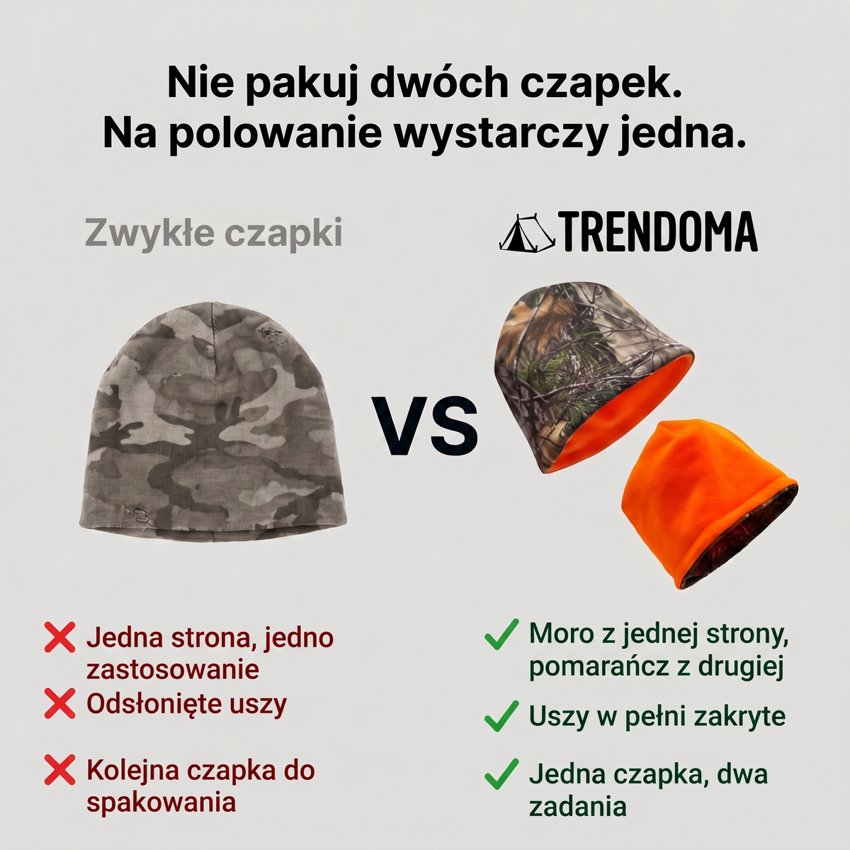 Dwustronna czapka zimowa moro/pomarańcz vs zwykła czapka – porównanie