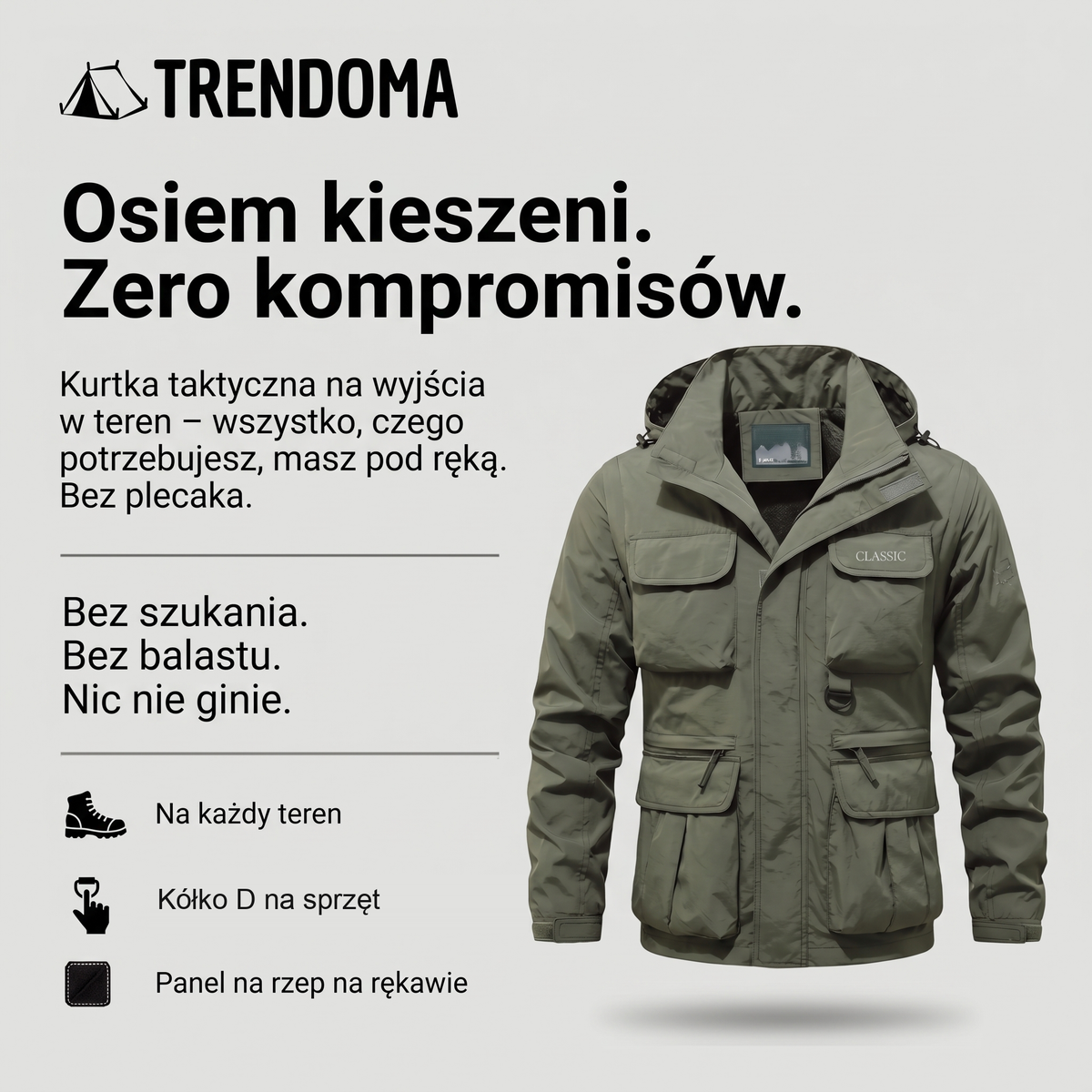 Kurtka taktyczna męska – osiem kieszeni, kółko D, panel na rzep