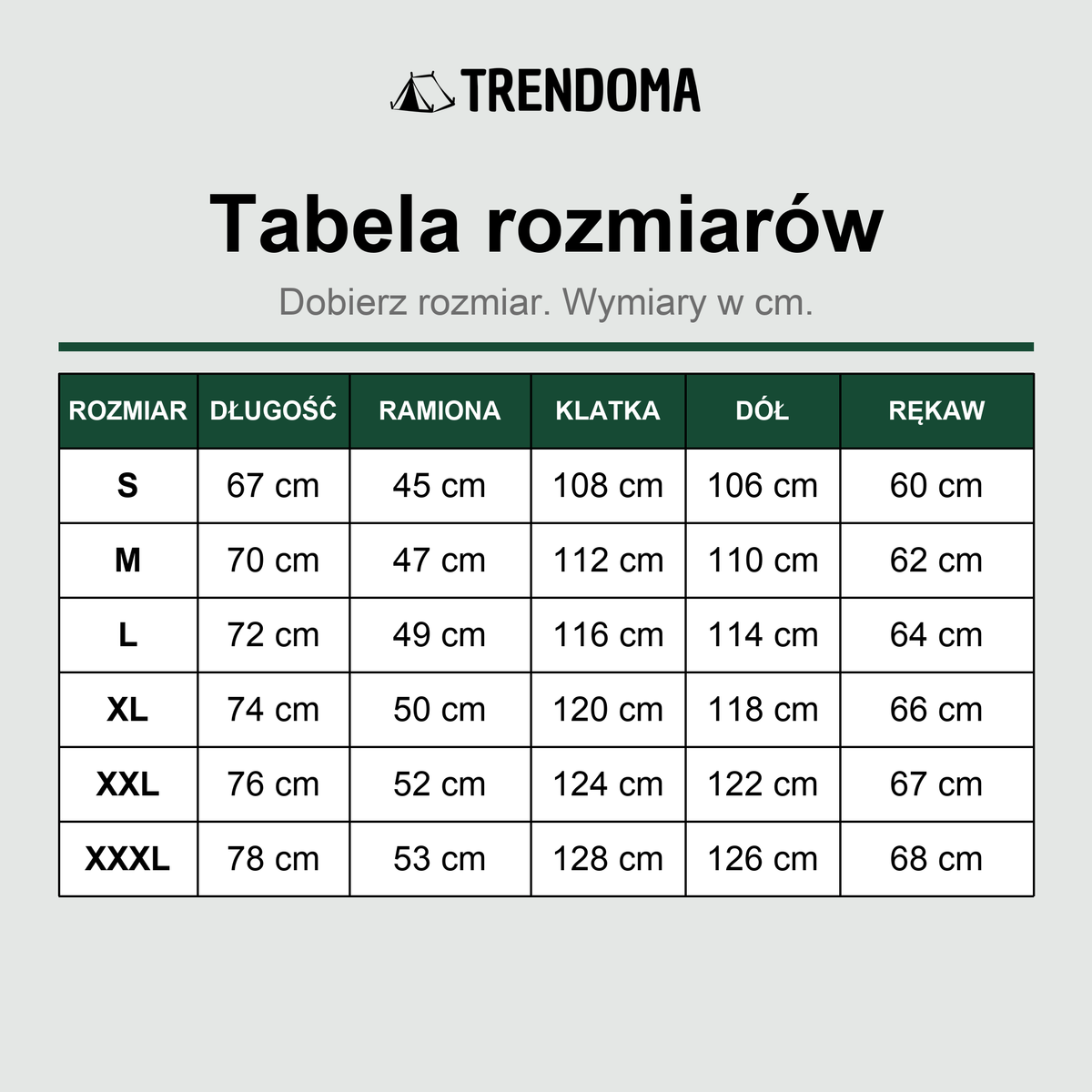 Tabela rozmiarów kurtki taktycznej – wymiary w cm