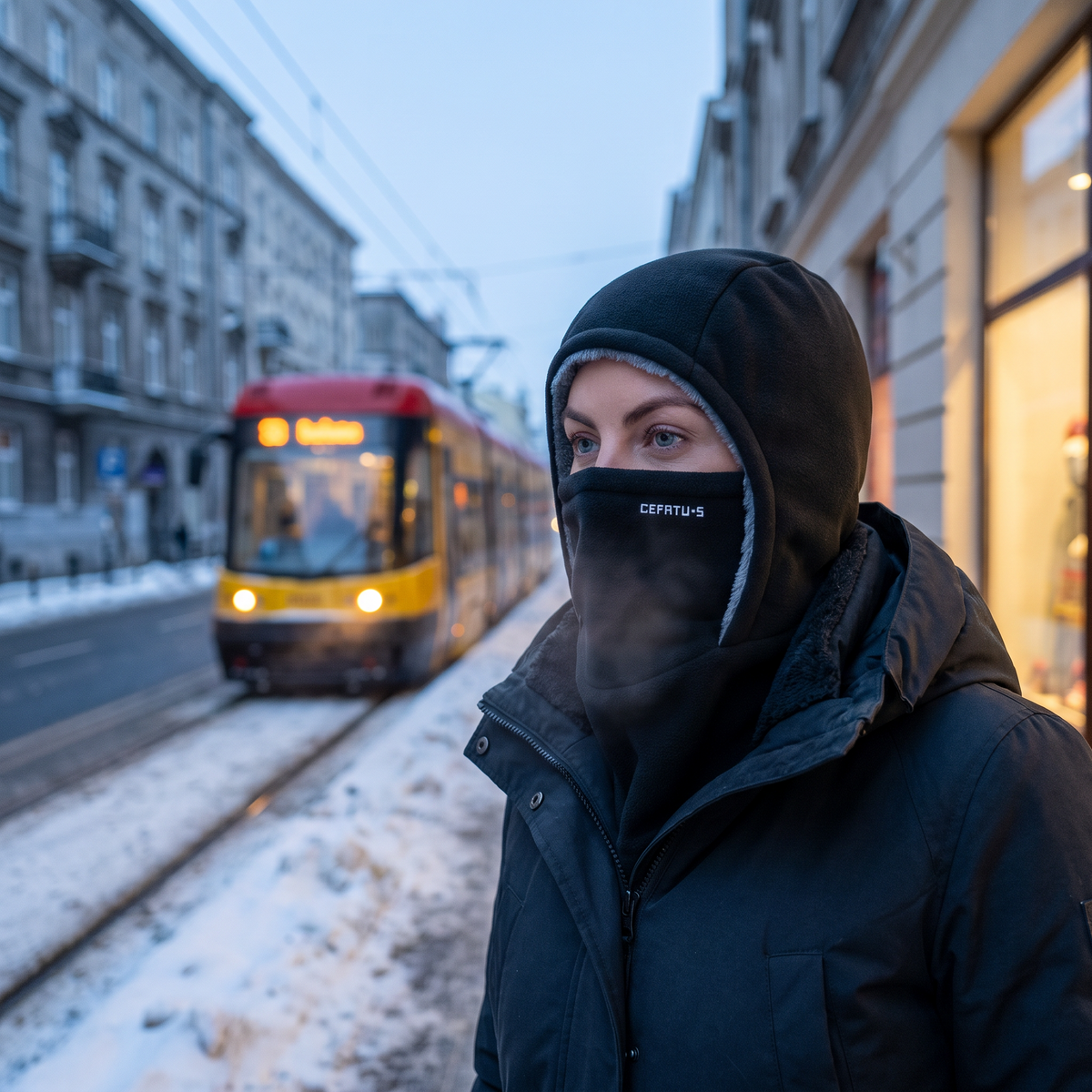 Kominiarka zimowa na przystanku tramwajowym w Warszawie