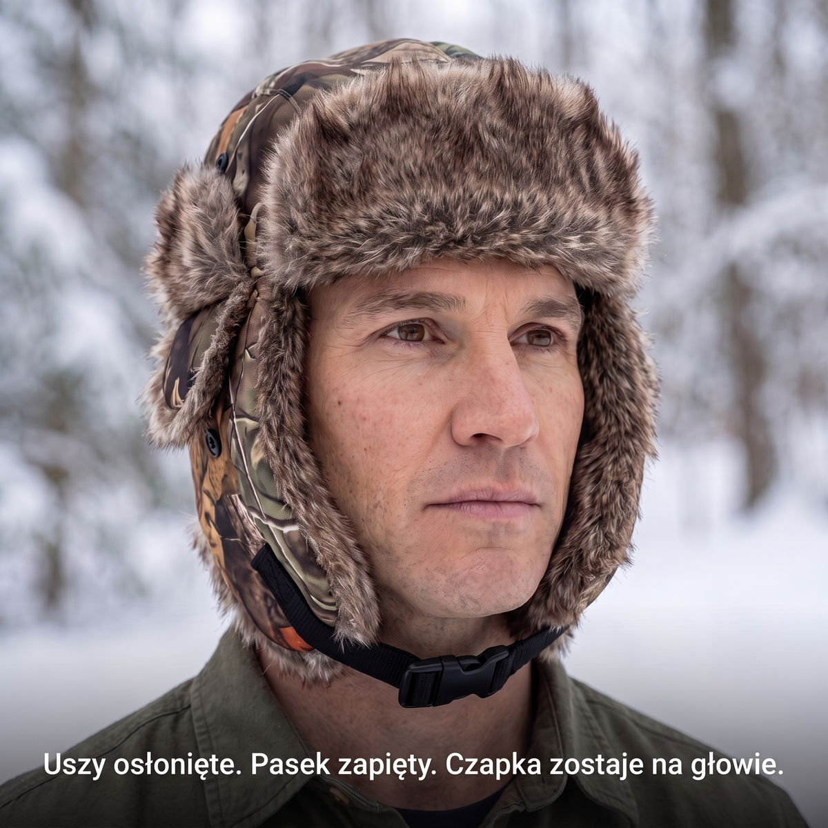Czapka uszatka moro z paskiem zapiętym pod brodą