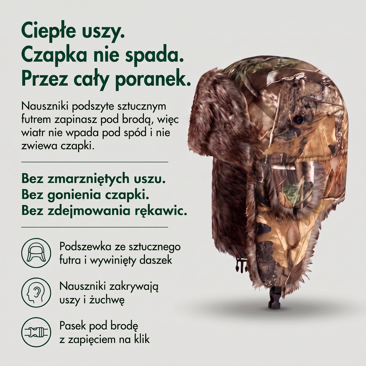Czapka uszatka moro – sztuczne futro, nauszniki i pasek z klamrą
