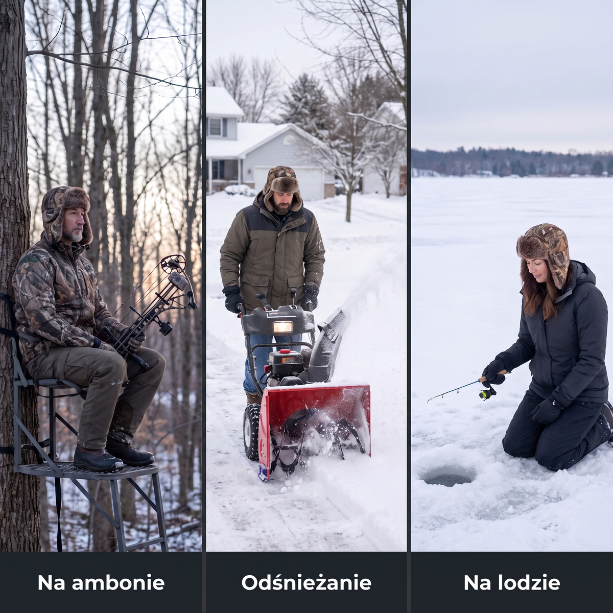 Czapka uszatka moro na ambonie, przy odśnieżaniu i na lodzie