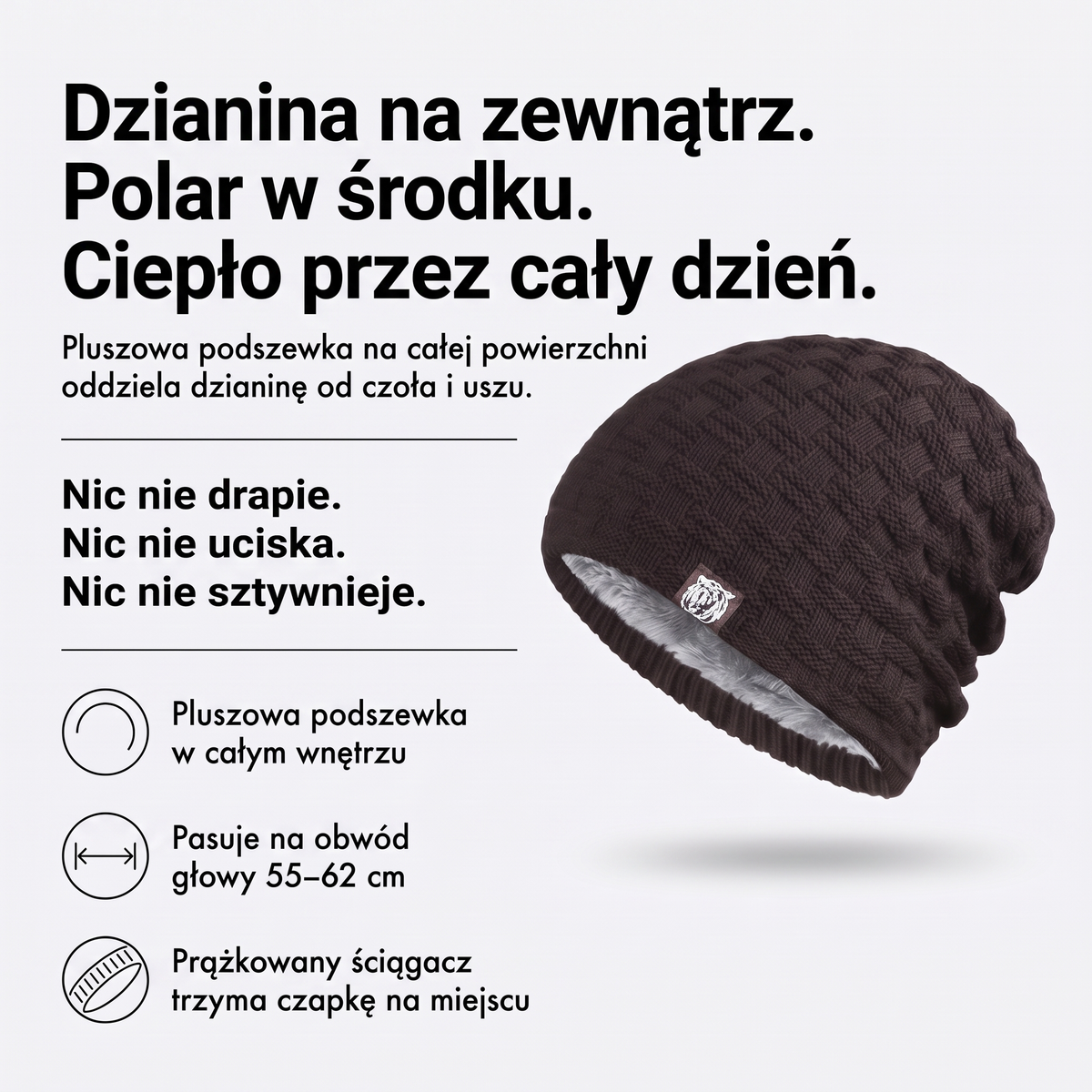 Czapka beanie męska – dzianina na zewnątrz i polar w środku, obwód 55–62 cm