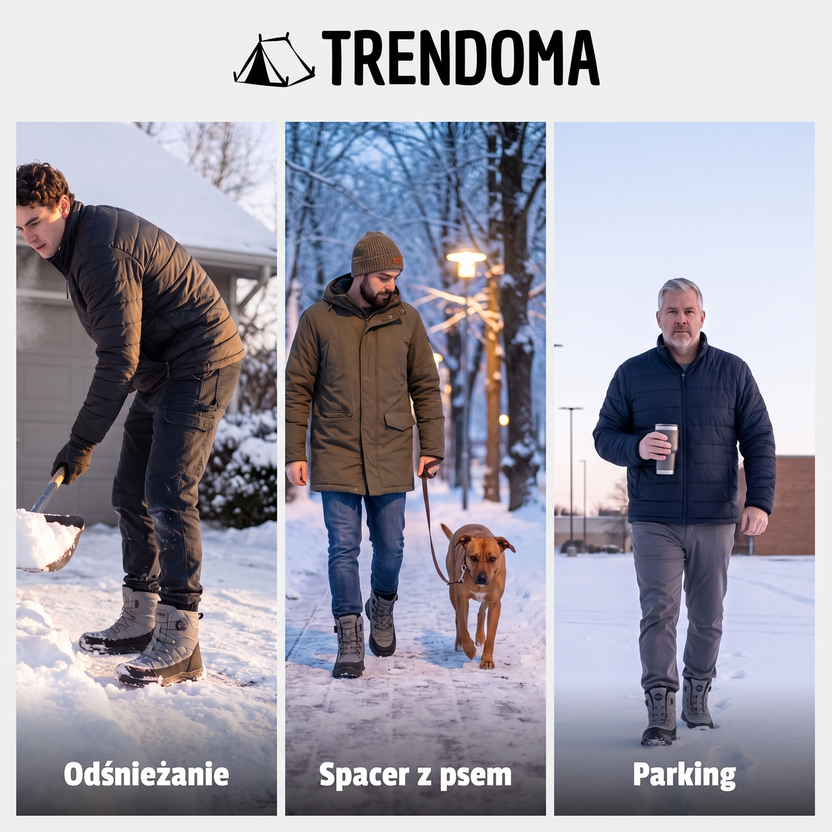 Buty zimowe męskie przy odśnieżaniu, na spacerze z psem i na parkingu