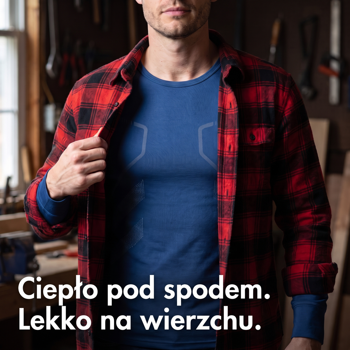 Granatowa bielizna termoaktywna męska pod flanelową koszulą