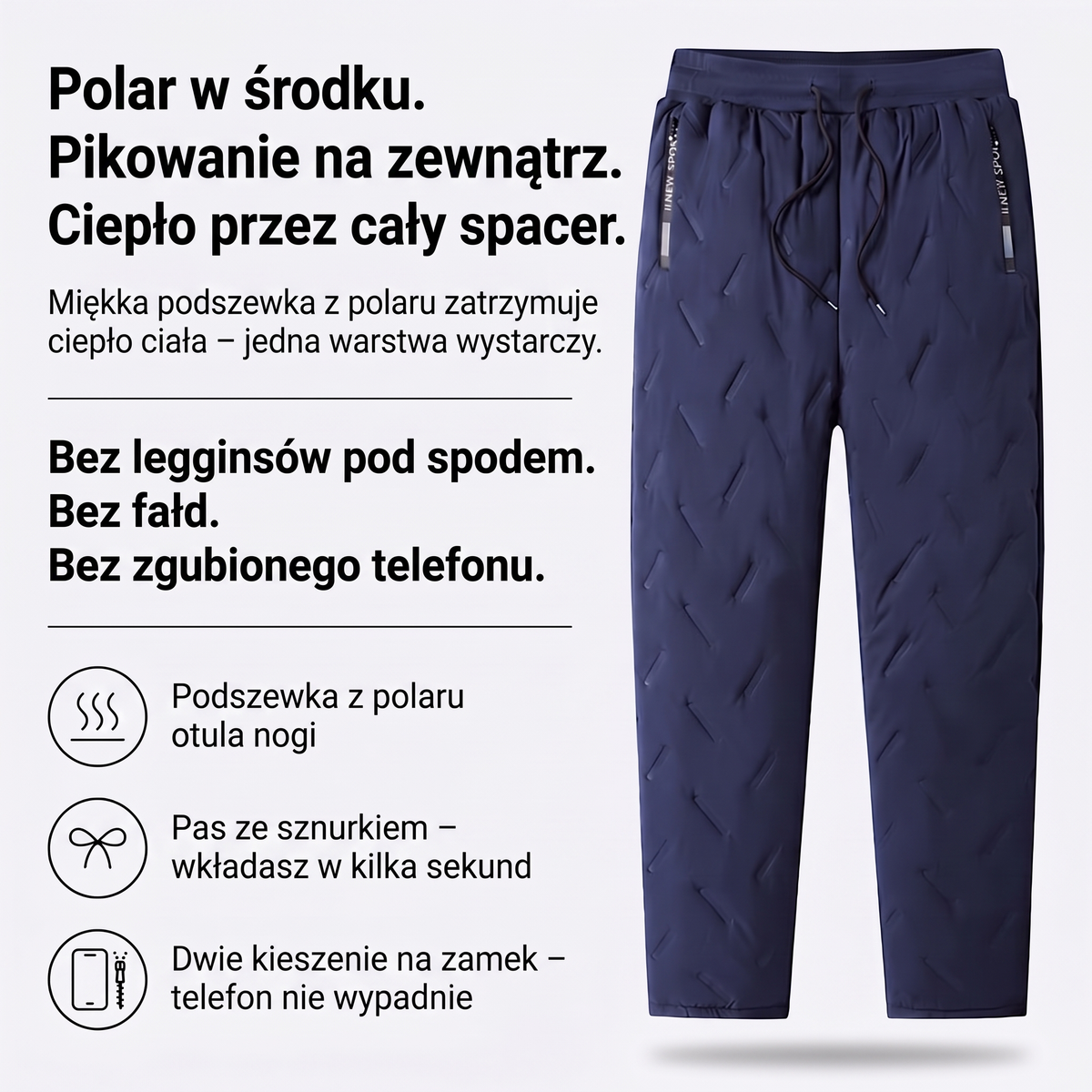 Spodnie ocieplane damskie pikowane z podszewką z polaru i kieszeniami na zamek