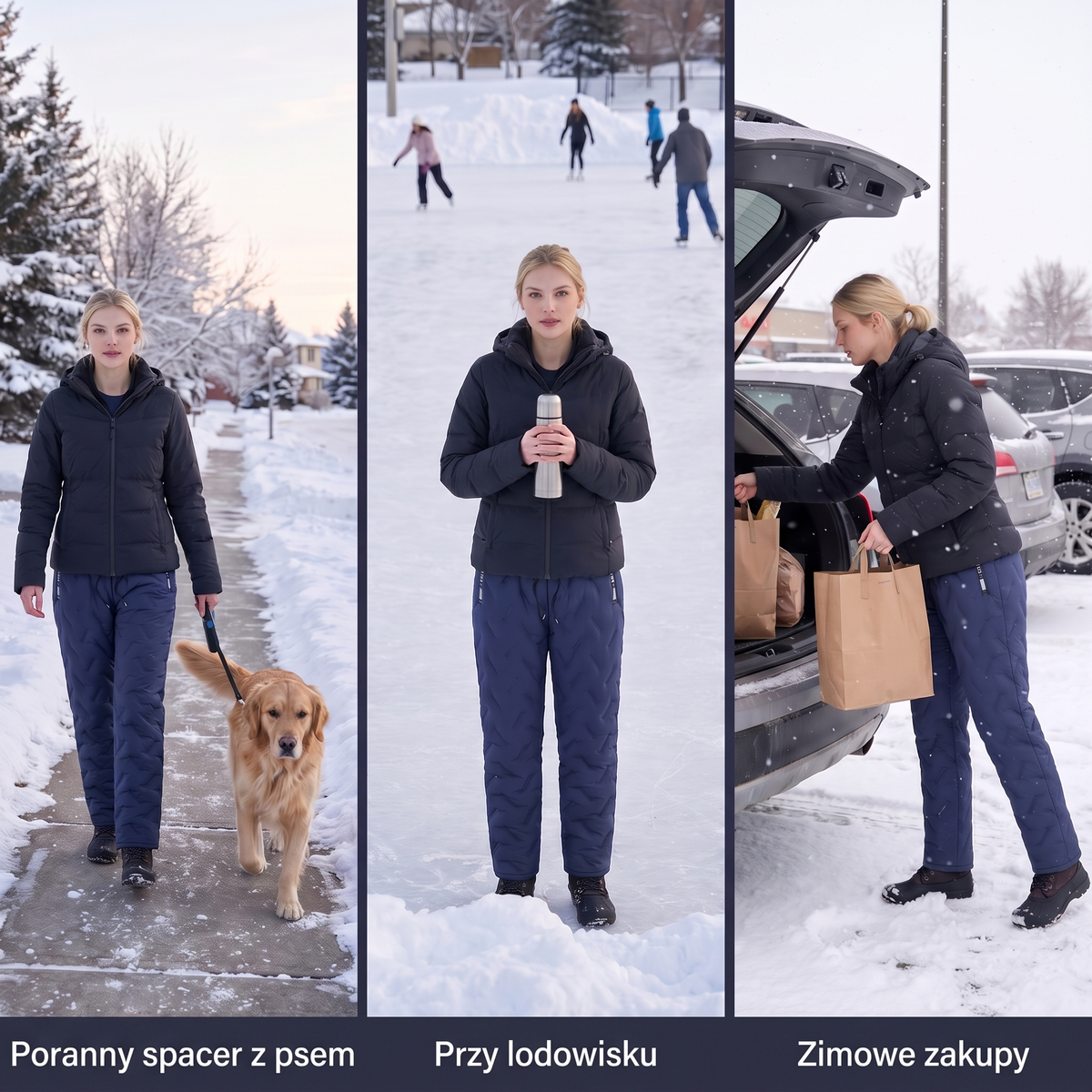 Spodnie zimowe damskie na spacer z psem, na lodowisko i na zakupy