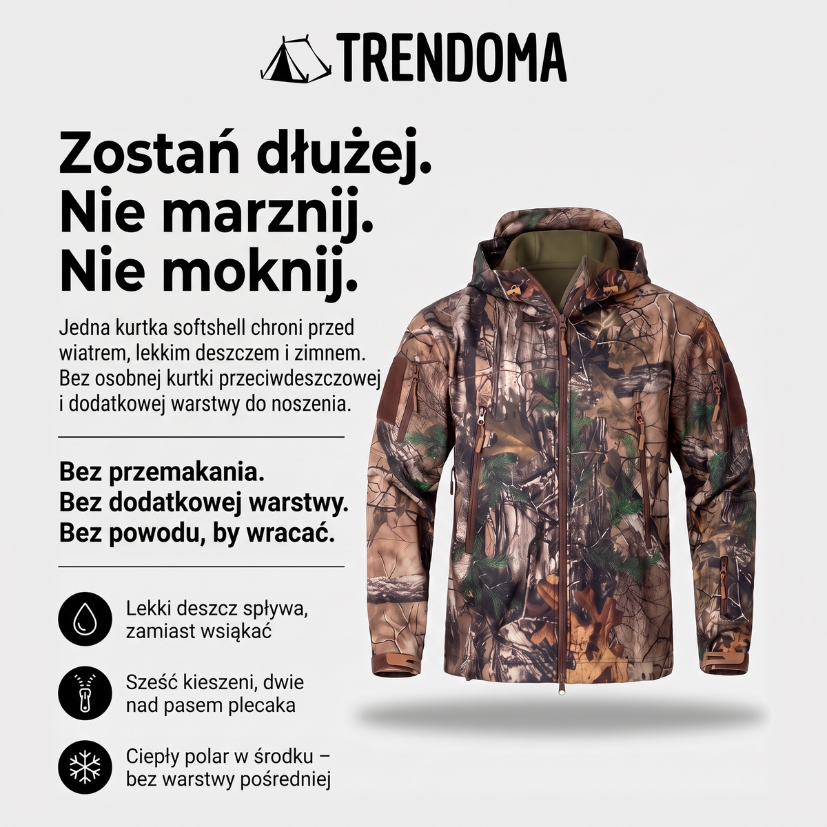 Kurtka myśliwska softshell moro z polarem – chroni przed wiatrem, lekkim deszczem i zimnem
