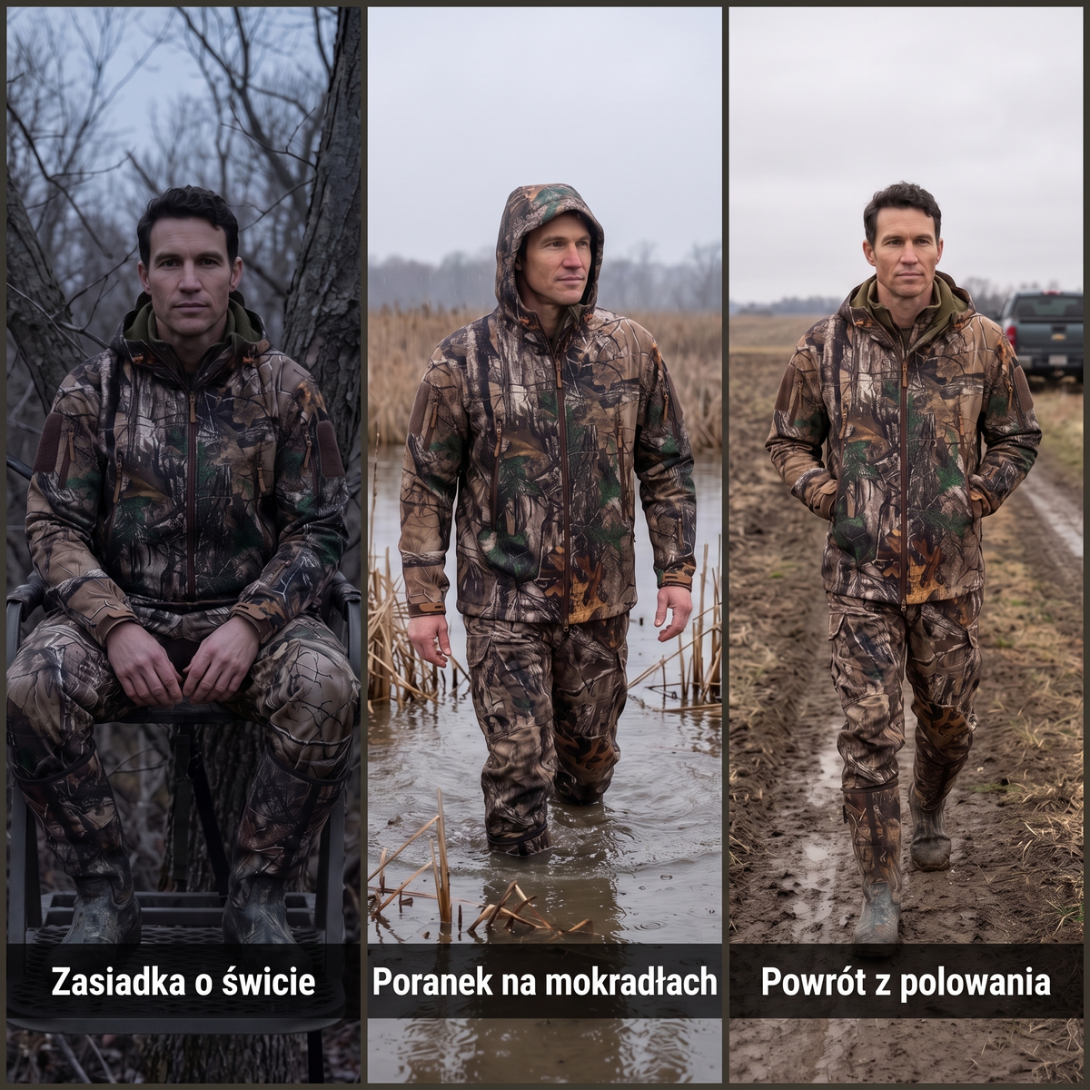 Kurtka softshell moro na zasiadkę, na mokradła i w drodze z polowania