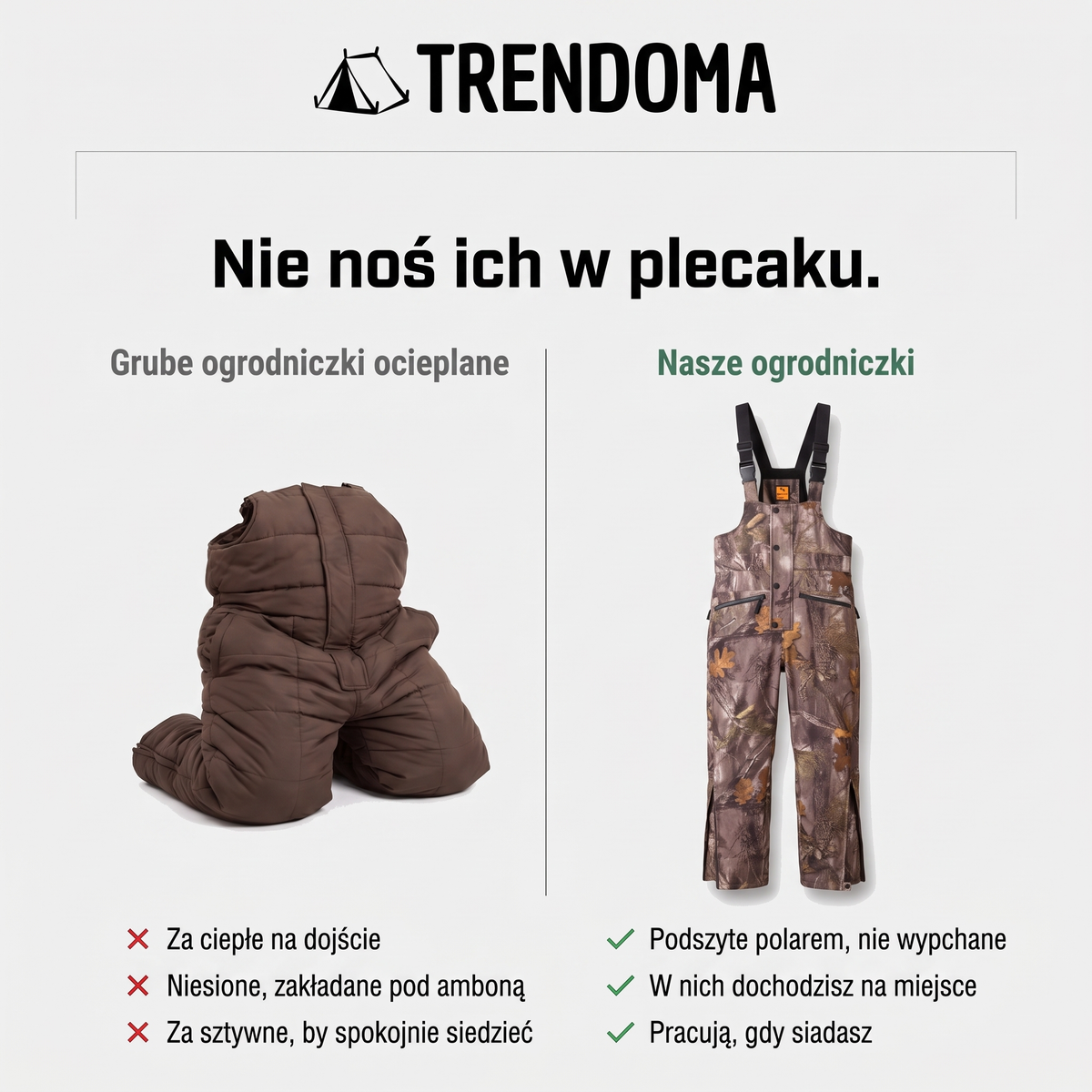 Ogrodniczki myśliwskie moro z polarem w porównaniu z grubymi ogrodniczkami ocieplanymi
