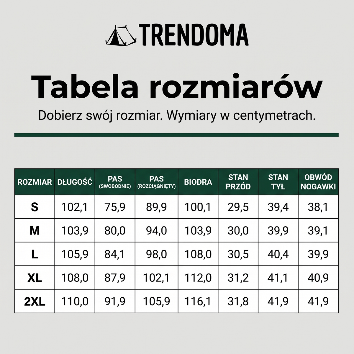 Tabela rozmiarów spodni trekkingowych ocieplanych w centymetrach
