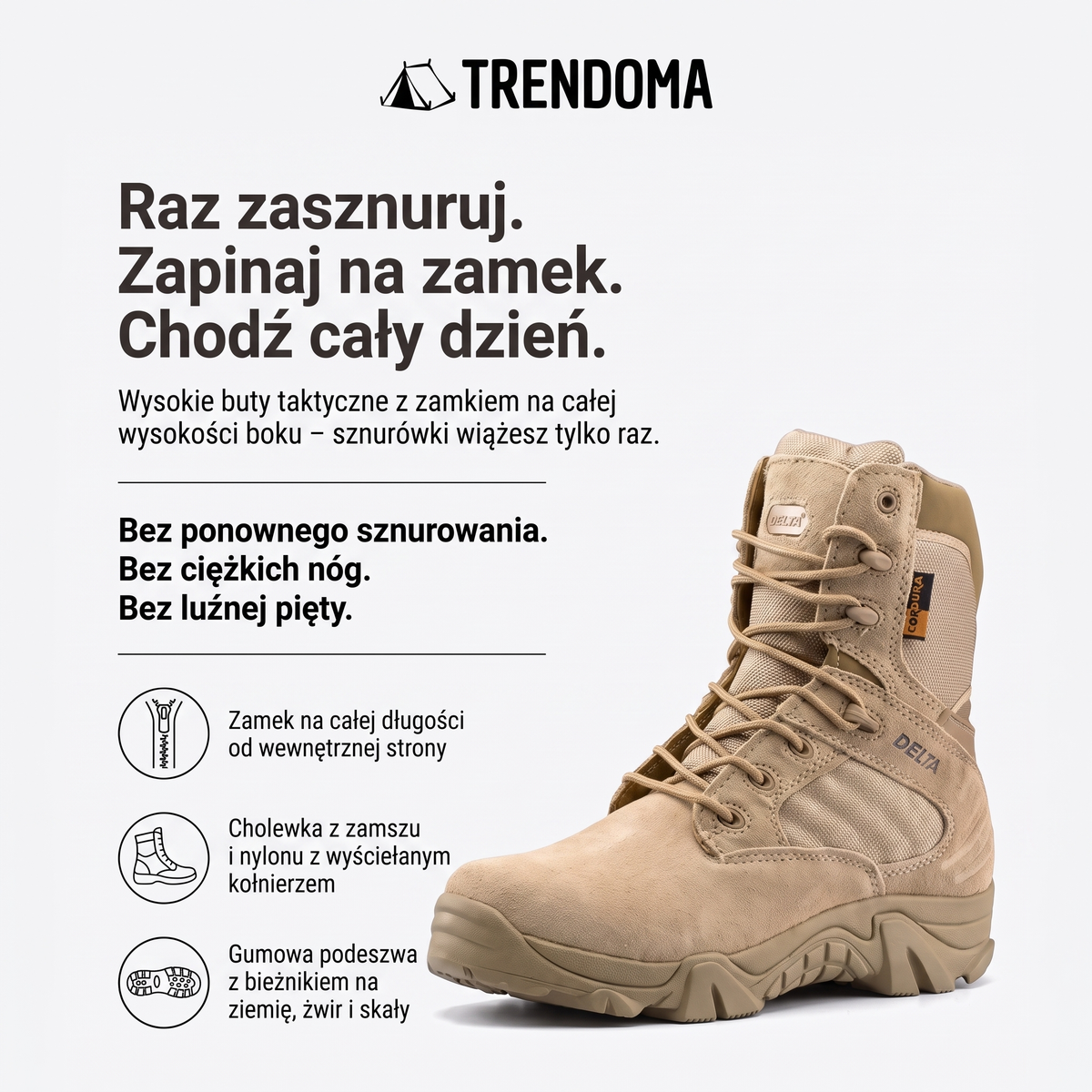 Wysokie buty trekkingowe taktyczne z zamkiem z boku – najważniejsze cechy