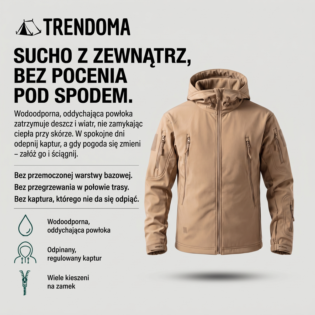 Wodoodporna kurtka softshell z odpinanym kapturem i kieszeniami na zamek
