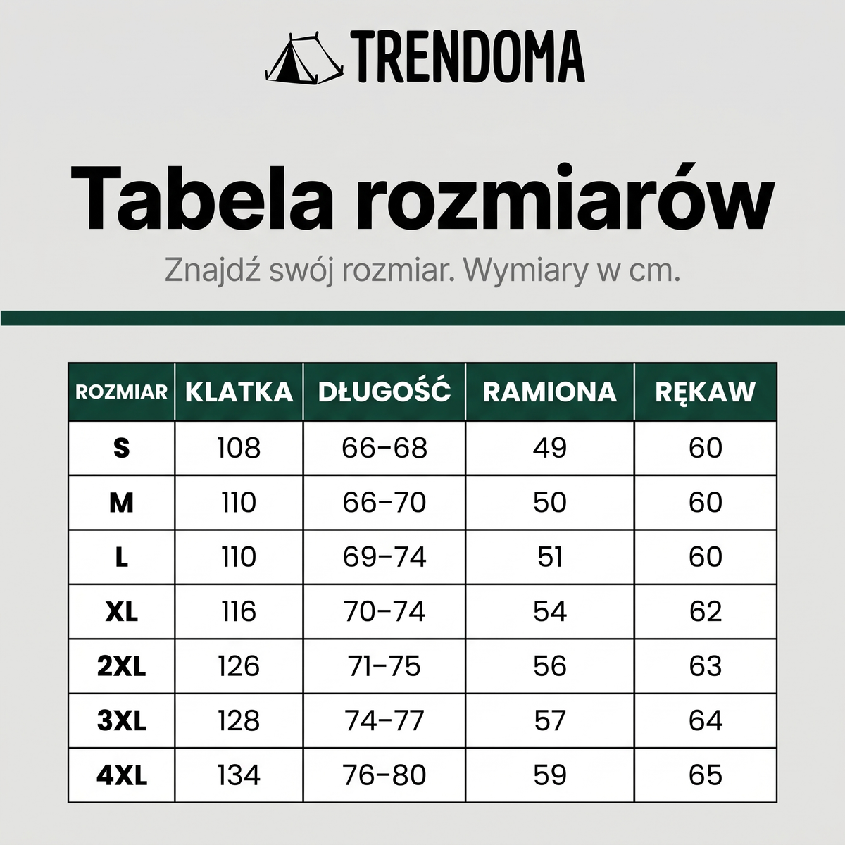 Tabela rozmiarów kurtki softshell w cm