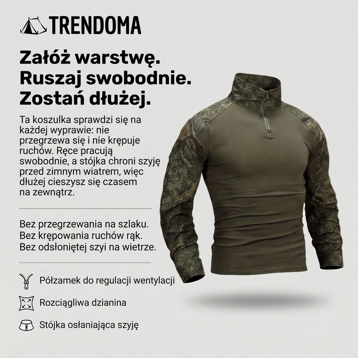Koszulka taktyczna moro z półzamkiem i stójką