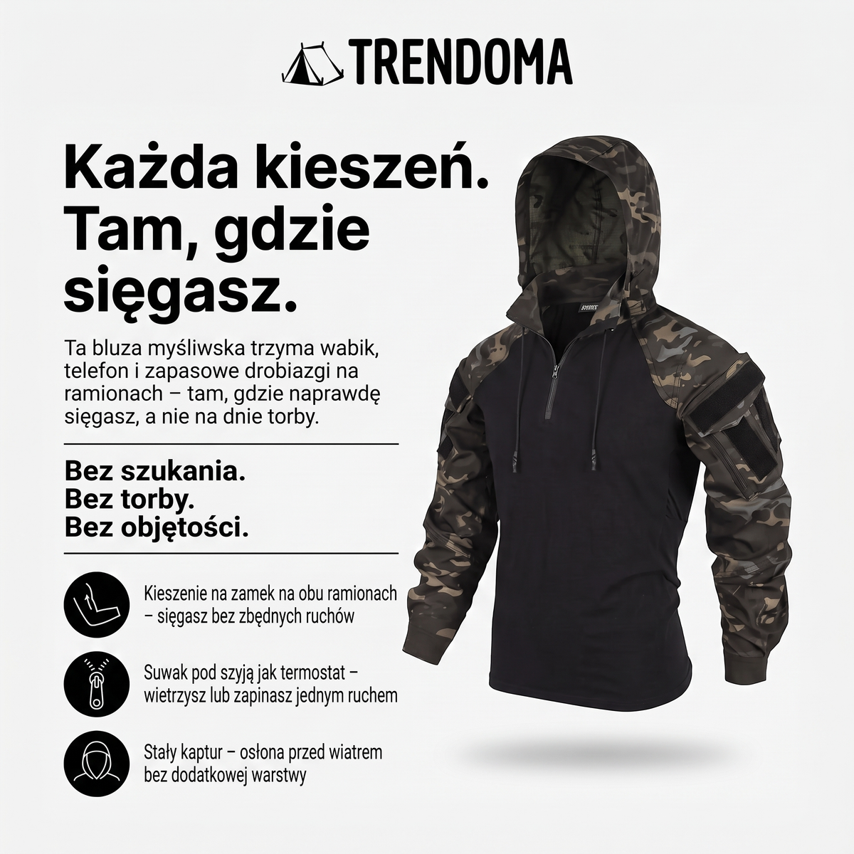 Bluza taktyczna moro z kieszeniami na ramionach, suwakiem i kapturem