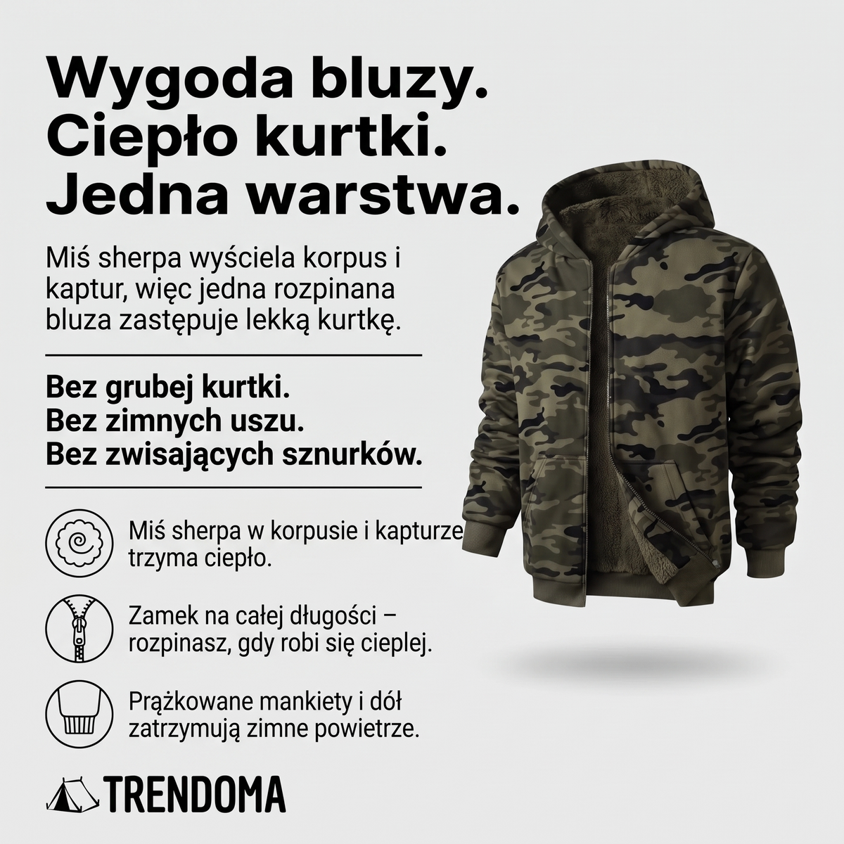 Bluza moro rozpinana z kapturem na misiu sherpa – jedna ciepła warstwa