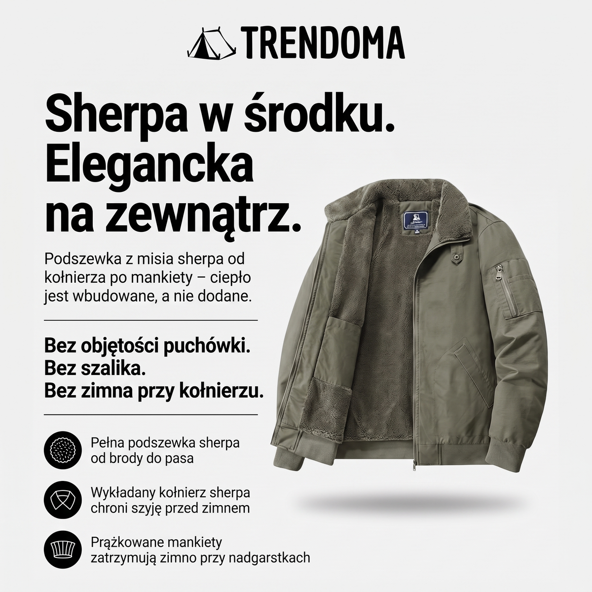 Kurtka bomberka męska na misiu sherpa – podszewka od kołnierza po mankiety