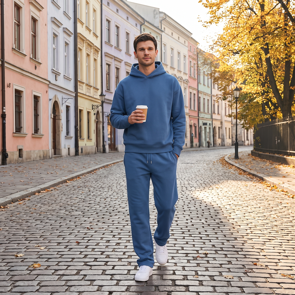 Mężczyzna w niebieskim dresie oversize na ulicy w Krakowie