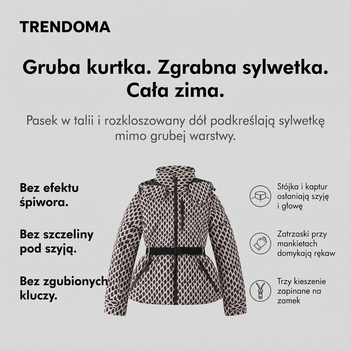 Kurtka zimowa damska pikowana z kapturem i paskiem w talii
